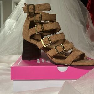 NWT suede leather buckle down cognac brown women’s high heels by corkys hey girl